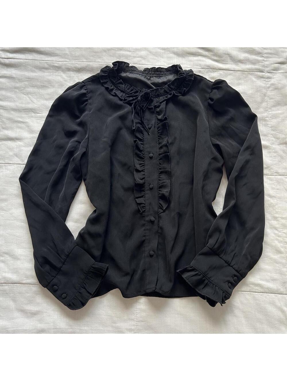 Evelyn Black Ruffle Blouse Ribbon Bow Puff Sleeve Button Up Gothic Top